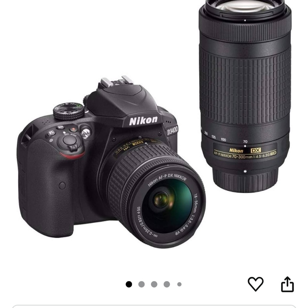 Nikon D3400 digital camera w/ 2 lenses, tripod, camera bag, 16GB card